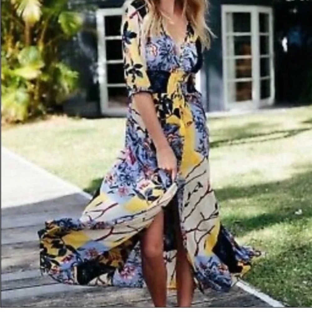 Jasse‎ Floral boho Maxi Dress with V-Neck patchwork size L Indiana Alma
